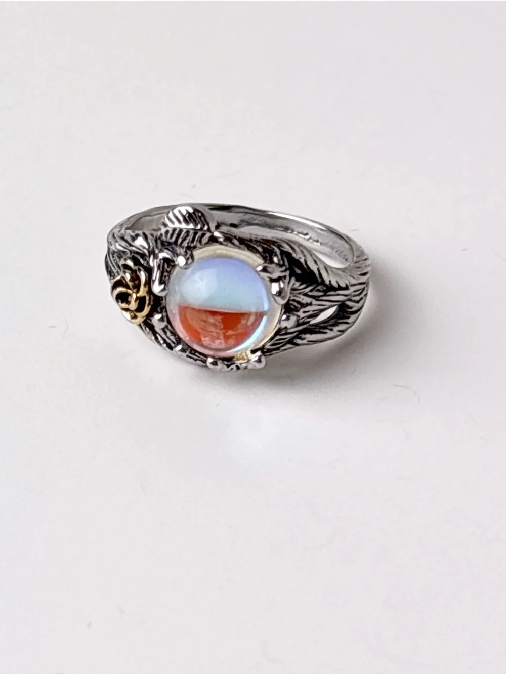 Sterling Silver Flower and Leaf Motif Moonstone Ring in Iridescent Blue